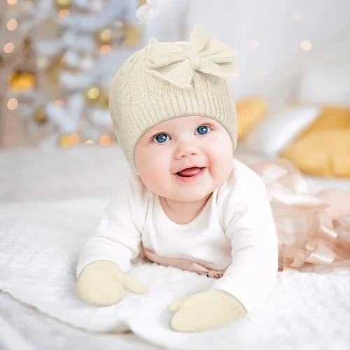 Vista 7 de 3 Set Toddler Hat Glove Set Kids Winter Hats Warm Knitted Beanie Mittens Gloves with Bow for Baby Girls and Boys 0-6Y
