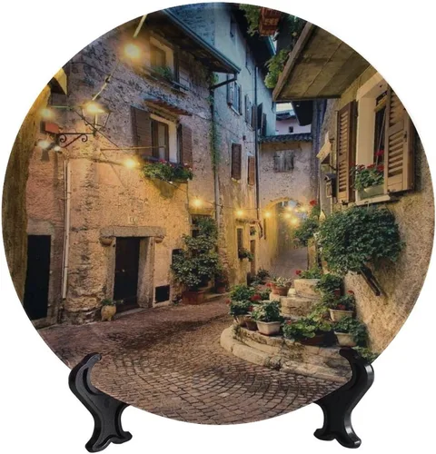 Vista 45 de Plato decorativo colgante de cerámica con temática de paisaje, plato decorativo redondo de plantas en maceta, con soporte decorativo, para sala