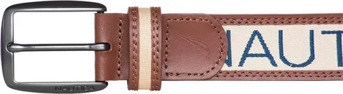 Vista 3 de Nautica Men's Signature Leather and Canvas Belt Ribbon Detail Flag Design Classic Casual Metal Buckle