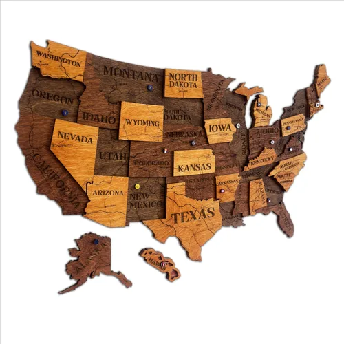Vista 13 de Mapa de madera de EE. UU. lugares visitados - Mapa de madera de Estados Unidos con pines - Arte de pared decorativo 3D de rastreador de viajes
