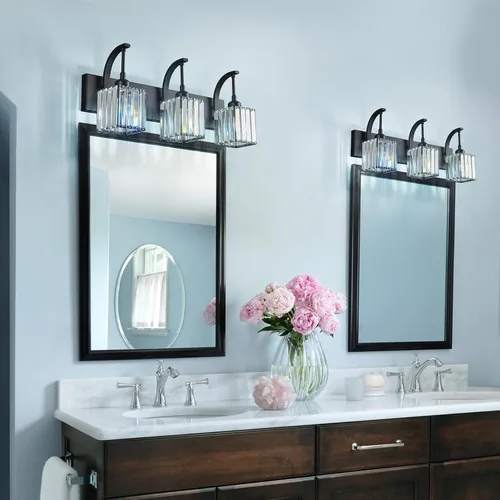 Vista 5 de Luces de tocador de cristal de 3 luces negras para tocador de baño, modernas lámparas de baño de cristal sobre espejo de 23.62 pulgadas de largo