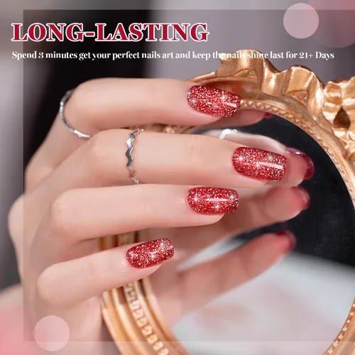 Vista 2 de RARJSM Esmalte de uñas de gel con purpurina roja reflectante holográfica, destellos de arco iris, diamantes brillantes, LED, UV, secado con lámpara