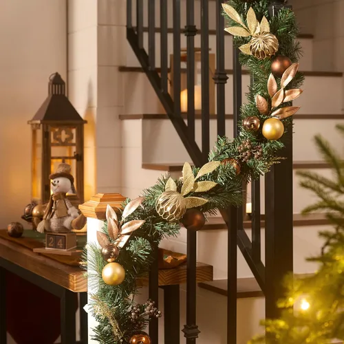 Vista 5 de Valery Madelyn - Guirnalda de Navidad de 1,8 m, preiluminada, con luces, para manto, guirnalda navideña iluminada para exteriores, con bolas