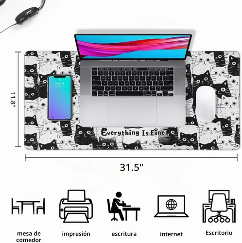 Vista 5 de Divertida alfombrilla de mouse de gato para juegos, alfombrilla de mouse grande para escritorio, alfombrilla de mouse extendida con base de goma