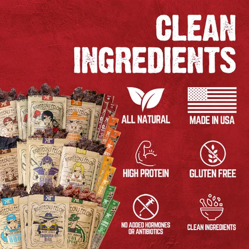 Vista 8 de RIGHTEOUS FELON Paquete Variado de Cecina de Res y Palitos de Carne, Alta en Proteína, Baja en Carbohidratos, Baja en Azúcar, Sin Gluten, Bocadillos