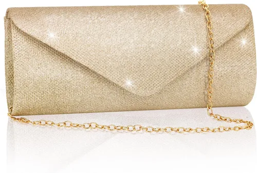 Vista 10 de Bolsos de mano para mujer, Bolso de sobre de noche con cadena desmontable, elegancia brillante Dorado
