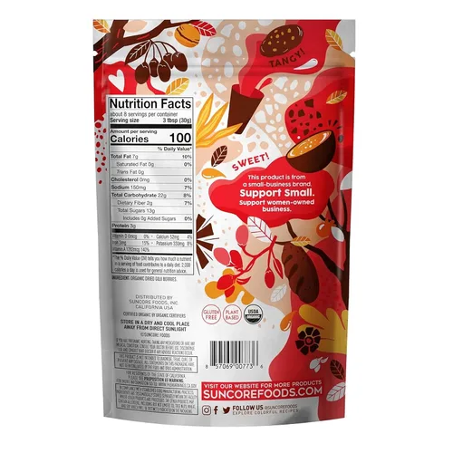 Vista 2 de Suncore Foods Bayas de Goji orgánicas, veganas, resellables de 8 onzas