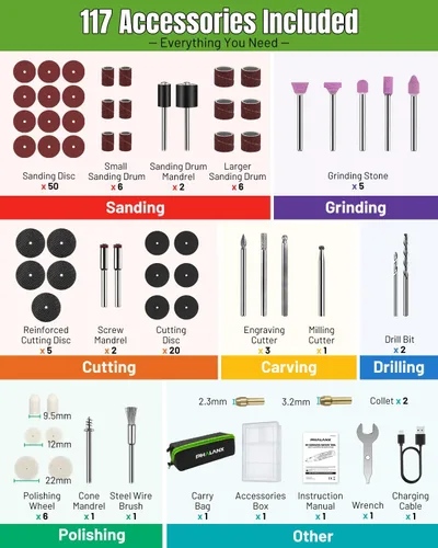 Vista 6 de PHALANX Kit de herramientas rotativas inalámbricas de 8 V, batería de 2.0 Ah recargable con 73 accesorios, luz LED de 5 velocidades, ideal