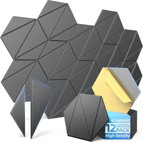 Vista 13 de Paquete de 12 paneles acústicos hexagonales con autoadhesivos, paneles de espuma a prueba de sonido de 12 x 10 x 0.4 pulgadas para paredes, paneles