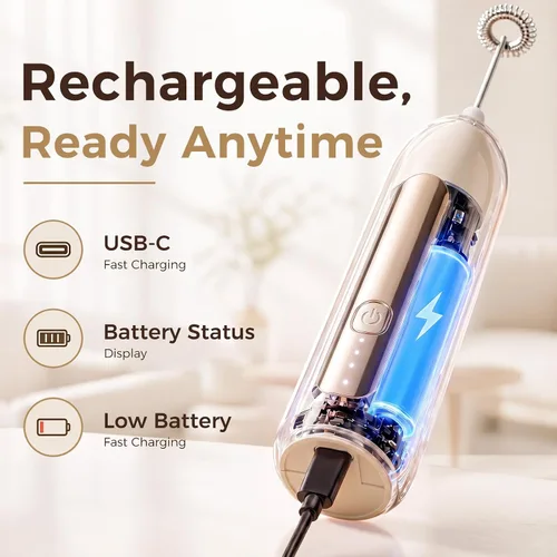 Vista 2 de Espumador de leche recargable, espumador de café portátil USB-C Blanco