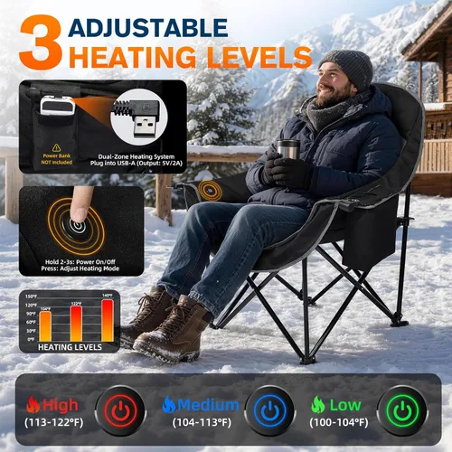 Vista 3 de Silla de camping térmica de gran tamaño, acolchado resistente Negro azabache