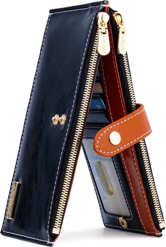 Vista 20 de ANDOILT - Cartera de cuero genuino para mujer con bloqueo RFID para tarjeta de crédito con cremallera