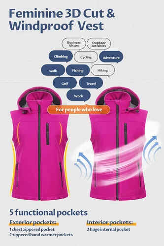 Vista 5 de CREATMO US Chaleco ligero de Softshell para mujer, chaqueta sin mangas cortavientos con capucha extraíble