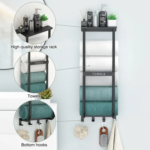 Vista 3 de Toallero para baño, toallero de pared de metal negro con estante y 4 ganchos, organizador de almacenamiento de toallas de baño