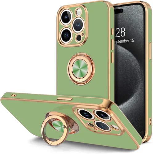Vista 23 de Hython Funda para iPhone 15 con Soporte de Anillo, Soporte de Anillo Giratorio de 360° Soporte Magnético, Borde Chapado en Oro Rosa Cubierta Suave