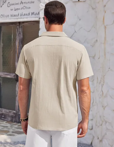 Vista 4 de COOFANDY Camisa casual de lino de algodón para hombre, de manga corta, con botones, para verano y playa