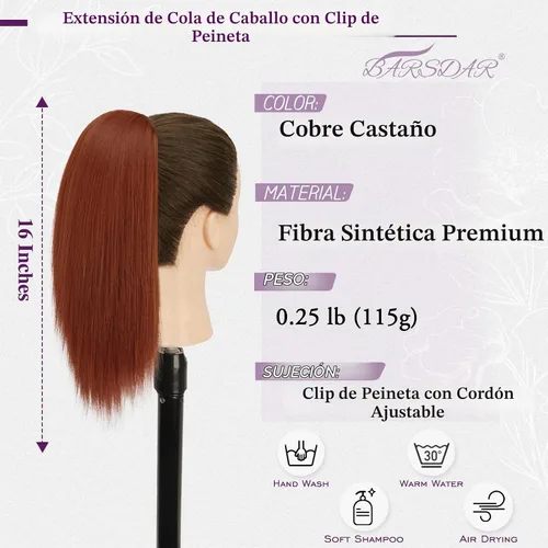 Vista 2 de BARSDAR Extensión de cola de caballo de color castaño rojizo recta, 16 pulgadas, extensión de cola de caballo de jengibre, extensión de cola