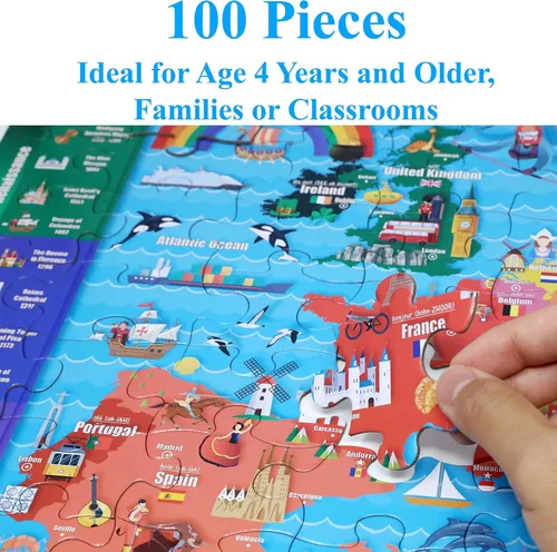 Vista 5 de Think2Master Rompecabezas colorido de 100 piezas con mapa de Estados Unidos y mapa de Europa de 100 piezas. Divertido juguete educativo para niños