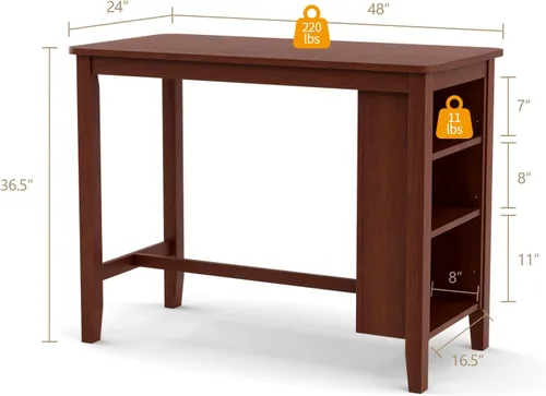 Vista 3 de COSTWAY Mesa de bar de altura de mostrador, mesa de pub con estantes de almacenamiento de 3 niveles, mesa de cocina rectangular de 48 x 24 pulgadas