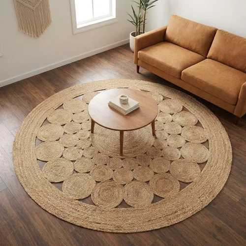 Vista 32 de REDEARTH · Alfombra Redonda – Alfombra de Yute Natural Embrace de 5 Pies, Trenzada Festoneada de Abaca, Hecha por Artesanos, Alfombras de Yute