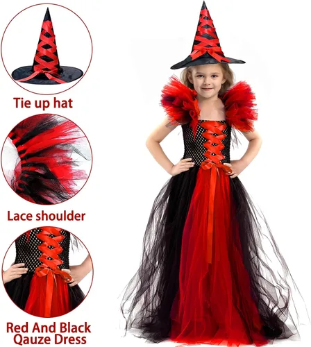 Vista 3 de Camlinbo Halloween Witch Dress with Hat for Girls Dress Up Party Halloween Witch Costumes for Girls 3-10 Years