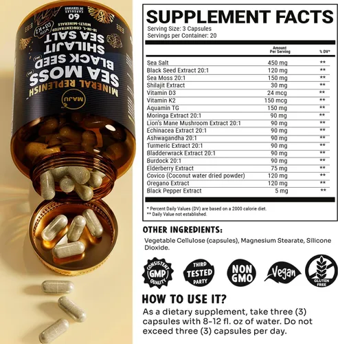 Vista 9 de Maju Superfoods Gomitas de aceite de semilla negra, aceite de orégano y cápsulas de reposición mineral