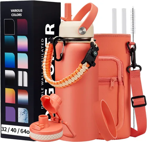 Vista 27 de Botella de agua aislada de 1 galón, con popote y tapa de pico automático, mango de paracord, funda para botella, botella de agua de acero inoxidable