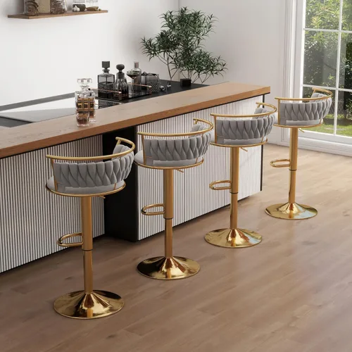 Vista 25 de Juego de 2 taburetes de bar giratorios de 360°, silla de bar de terciopelo ajustable a altura de mostrador moderna, taburete de metal plateado