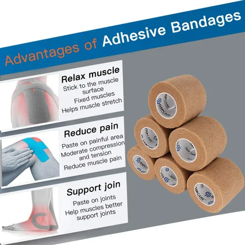 Vista 2 de Vendajes cohesivos autoadherentes, 6 unidades de 2 pulgadas x 5 yardas, cinta médica, rollos no tejidos adhesivos flexibles y transpirables
