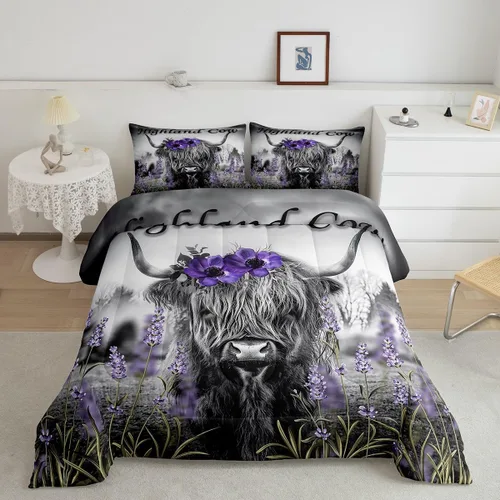 Vista 14 de Ropa de cama con estampado de vaca marrón tamaño individual, juego de edredón rústico de piel de vaca con calavera de vaca, relleno de edredón