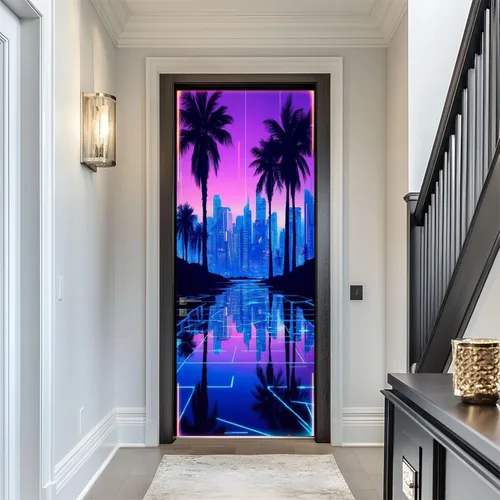 Vista 14 de Calcomanías para puerta, 3D y 90, diseño de arcade, visera, VR, aventura, murales, papel tapiz autoadhesivo para puerta, póster para dormitorio