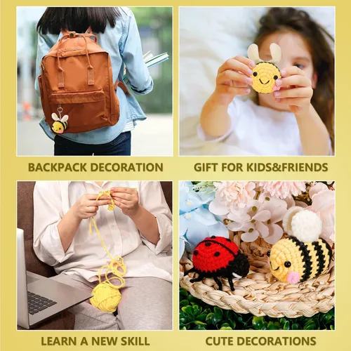 Vista 6 de PP OPOUNT Kit completo de ganchillo para principiantes, linda abeja y mariquita, paquete de inicio para adultos y niños, incluye instrucciones paso