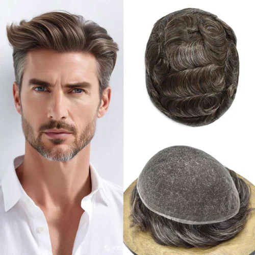 Vista 29 de Peluca de cabello humano con encaje completo, línea capilar real, para hombre, peluca de cabello con nudo blanqueado, pieza de pelo para hombres