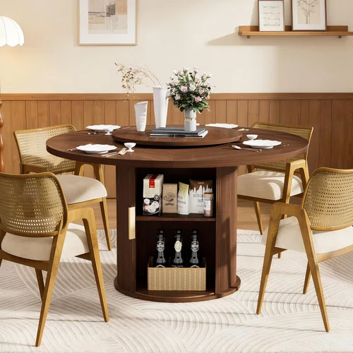 Vista 10 de SoarFlash Mesa de Comedor Redonda de 47 Pulgadas para 4-6, Mesa de Cocina Circular Estilo Granja con Espacio de Almacenamiento, Base de Listones