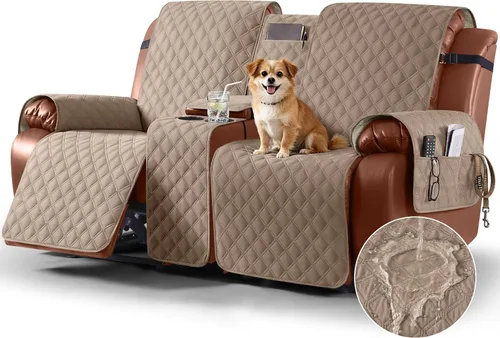 Vista 18 de Ruaozz Funda impermeable para sofá biplaza reclinable con consola, funda antideslizante para sofá reclinable dividido, con correas elásticas Beige