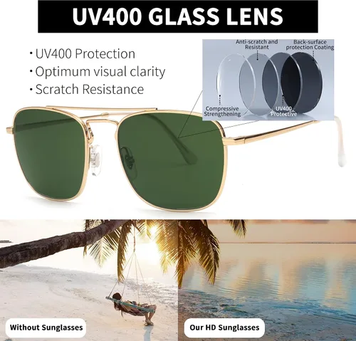 Vista 5 de JIM HALO Gafas de sol de aviador cuadradas retro con lente de vidrio de alta calidad, gafas planas de metal para hombres y mujeres