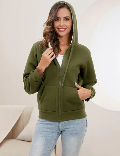 Vista 3 de Gihuo - Sudadera con capucha y cremallera para mujer, forro de Sherpa, chaqueta de invierno con forro polar cómoda Verde Armada (ArmyGreen)