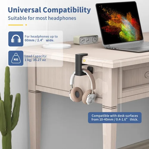 Vista 3 de KIWIFOTOS Soporte para auriculares para juegos de PC para debajo del escritorio, soporte para auriculares + soporte para auriculares con soporte