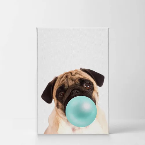Vista 2 de Smile Art Design Lindo cachorro carlino animal goma de mascar arte verde azulado lienzo impresión foto arte de pared decoración del hogar, arte pop
