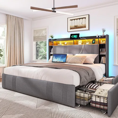 Vista 12 de EnHomee Base de cama de tamaño matrimonial con 4 cajones de almacenamiento y cabecero tapizado, marco de cama matrimonial con LED, estación de carga