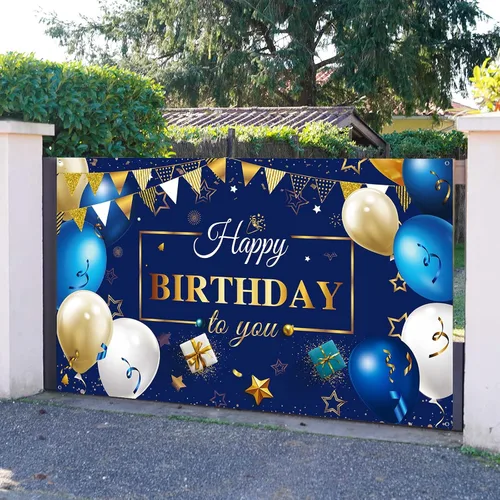 Vista 4 de Sumind Cartel de fondo de feliz cumpleaños para hombres, decoraciones de cumpleaños azul marino y dorado, fondo de fotos, suministros