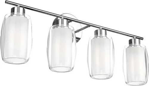 Vista 9 de Aipsun Lámpara de baño con 4 luces, luces cromadas arriba y abajo, modernas luces de bahthroom con vidrio transparente y vidrio esmerilado, luces