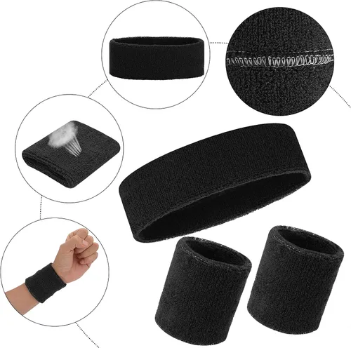Vista 3 de ASTER Juego de 6 muñequeras para la cabeza, incluye 2 diademas deportivas y 4 pulseras deportivas a rayas coloridas para hombres y mujeres