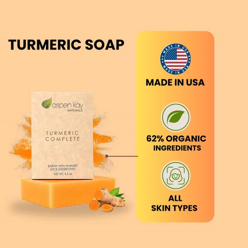 Vista 2 de Aspen Kay Naturals Jabón de cúrcuma para cara y cuerpo, hecho con manteca de karité orgánica, manzanilla y caléndula, lavado facial suave