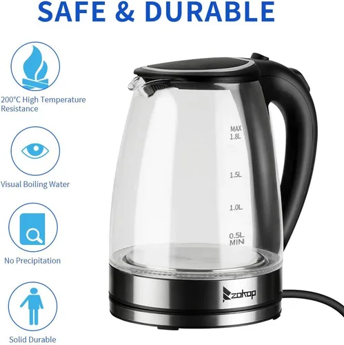 Vista 6 de HD-1857-A Hervidor eléctrico de vidrio, 220 V, 2000 W, 1.8 L, vidrio de borosilicato alto y acero inoxidable 304, sin BPA, luz LED azul, apagado