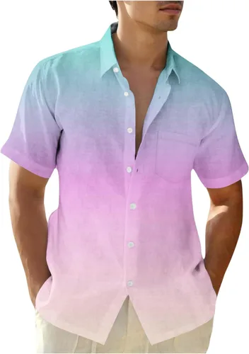 Vista 8 de Camisas con botones para hombre, de moda, de manga corta, color degradado, ajuste holgado, para vacaciones, playa, verano