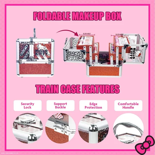 Vista 7 de Estuche de Maquillaje Cosmético Hello Kitty Train Case Incluye Brillo de Labios, Sombra de Ojos, Esmalte de Uñas, Accesorios para el Cabello y Más!