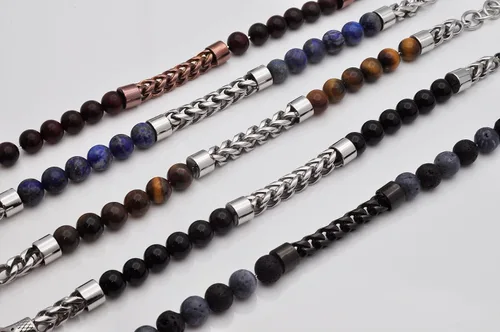 Vista 2 de Pulsera de eslabones Franco de acero inoxidable con cuentas de piedras preciosas genuinas