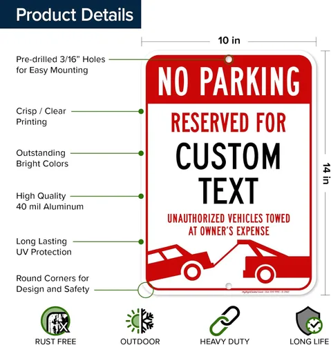 Vista 6 de Letrero personalizado de no estacionamiento, letreros de estacionamiento reservados personalizados para negocios, 10 x 14 pulgadas, metal