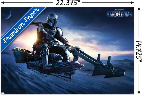 Vista 34 de Star Wars: The Mandalorian - Póster de pared Grogu Sunset Speeder, 34 pulgadas de largo x 22.4 W, versión premium sin marco